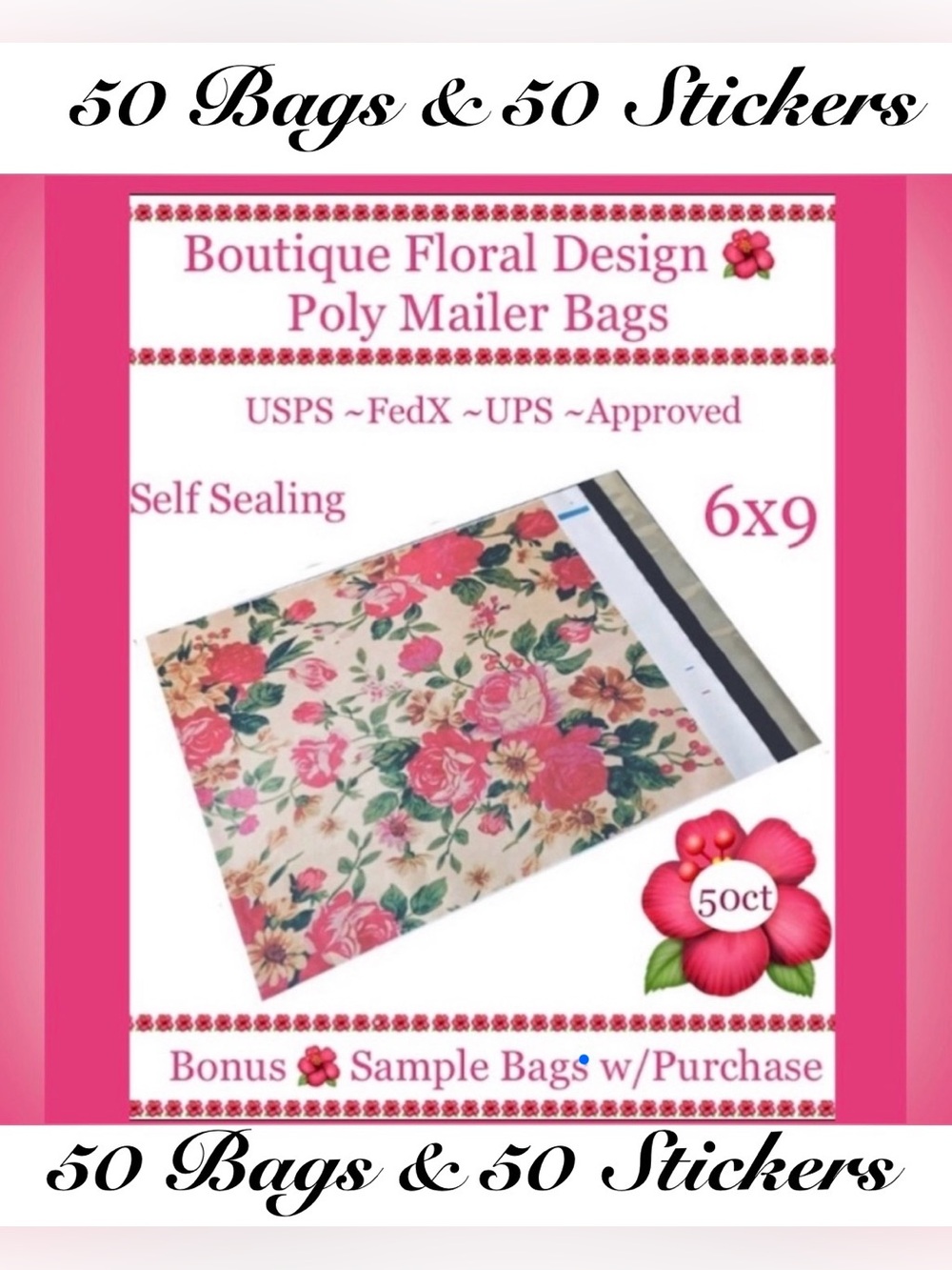 50pcs ~  6x9’ Polymailer Bags~BONUS 50ct Free Stickers 🌺🆕🌺 USPS Approved!